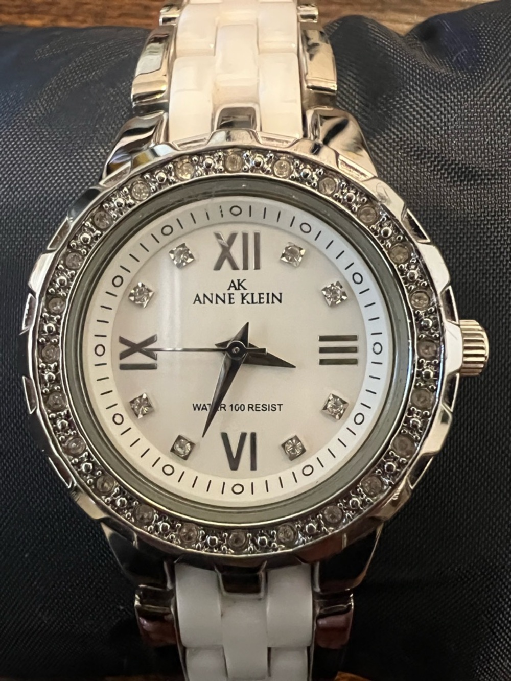 Anne Klein Silver and White Crystal Bezel Women's Watch